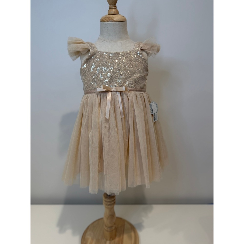 NWT Popatu Gold Sequin Baby Girl Tulle Dress, Flutter Sleeves, Size 18M